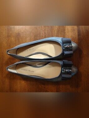 ANTONIO MELANI Metallic Gray Embellished Bow Pointed Flats